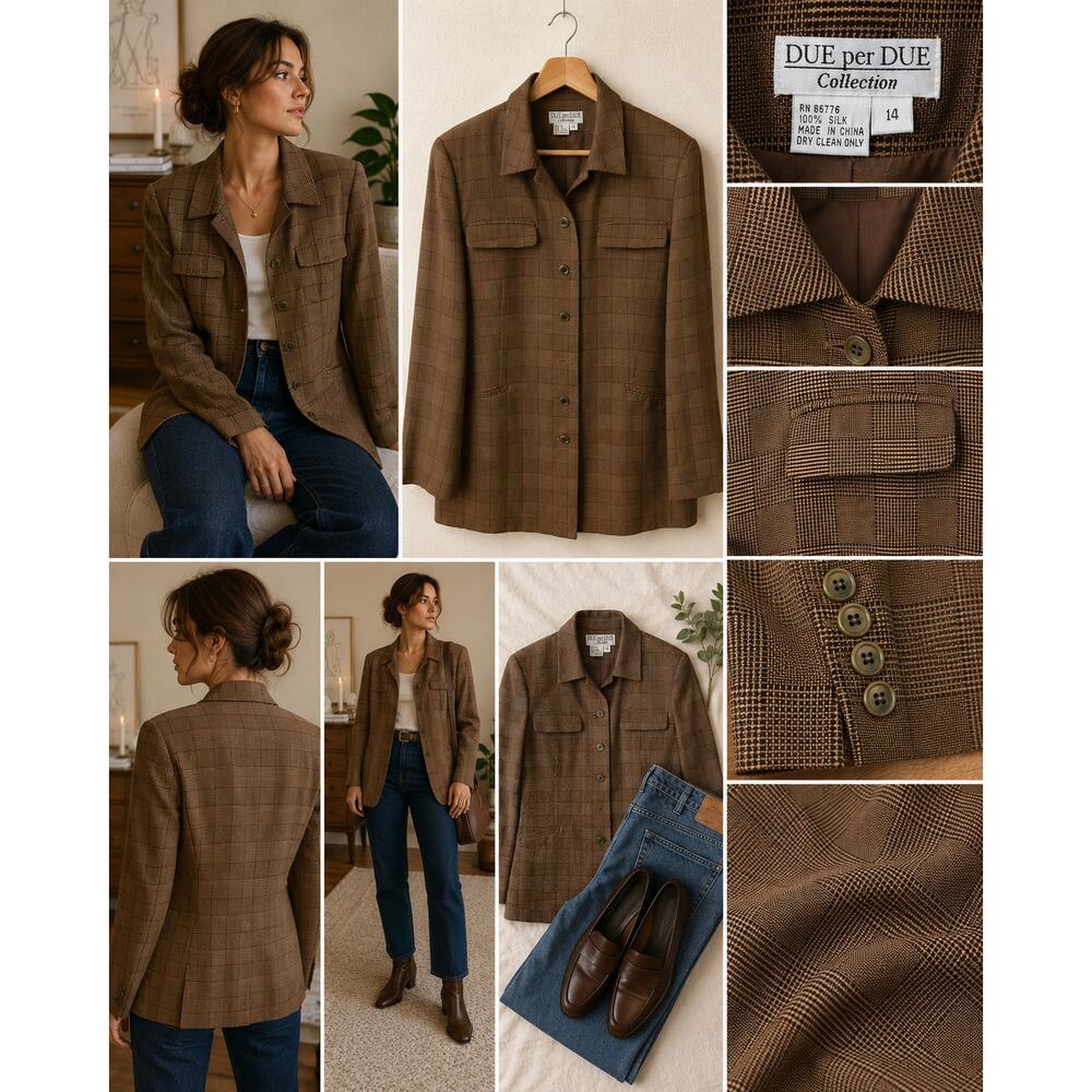 Vintage Due per Due 100% Silk Brown Glen Plaid Blazer Jacket Size 14 ✨